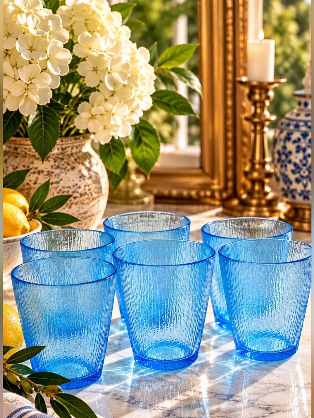 Vintage MCM Aqua Blue Textured Bark Tumblers Set of 7 Retro Drinking Glasses 5”